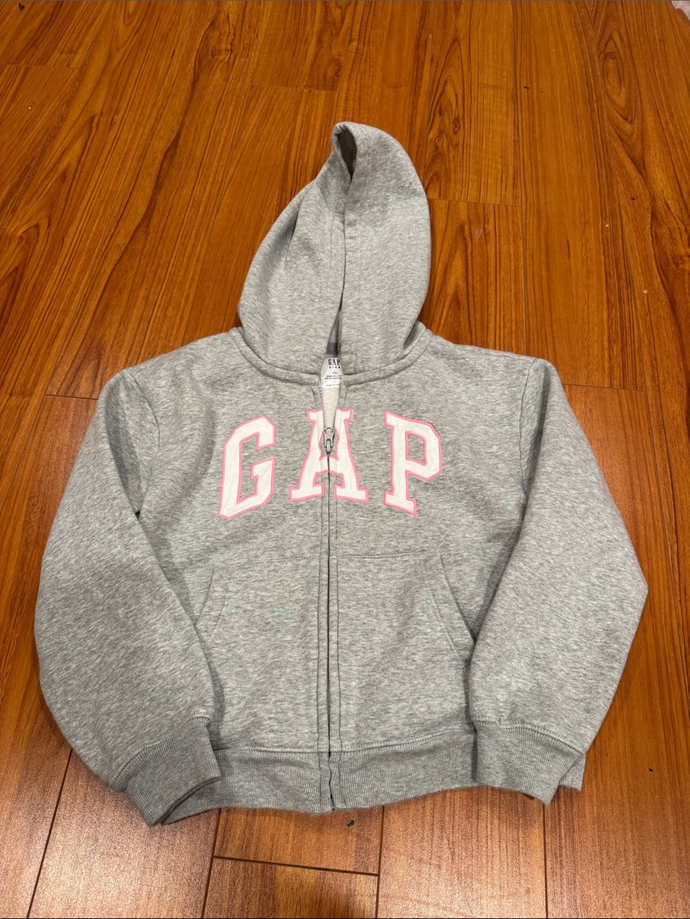 GAP Gray Zip-Up Hoodie with Pink Lettering